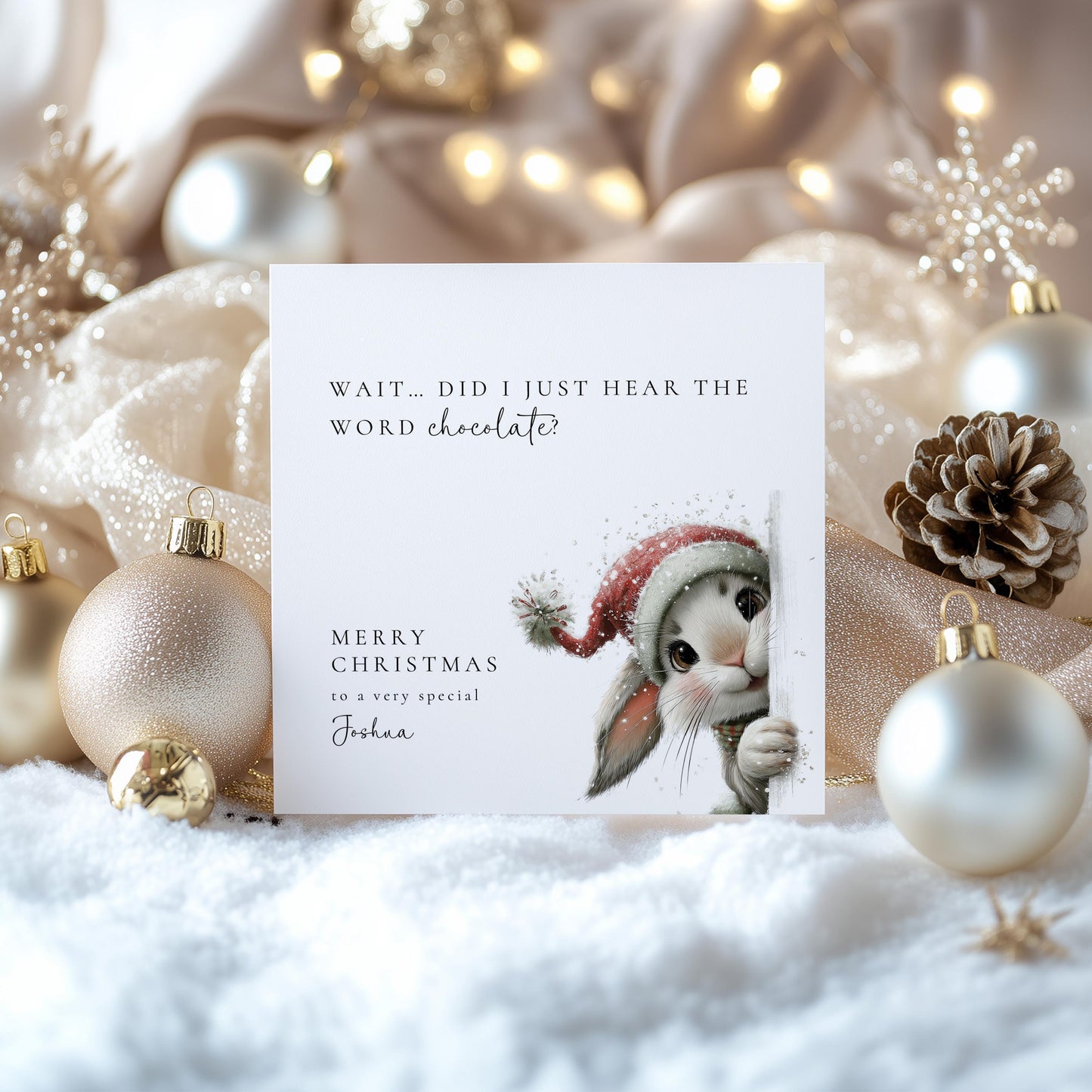 Funny Christmas Card – Personalised Chocolate Lover Card with Cute Bunny Design
