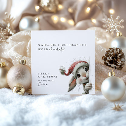 Funny Christmas Card – Personalised Chocolate Lover Card with Cute Bunny Design