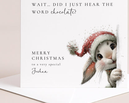 Funny Christmas Card – Personalised Chocolate Lover Card with Cute Bunny Design
