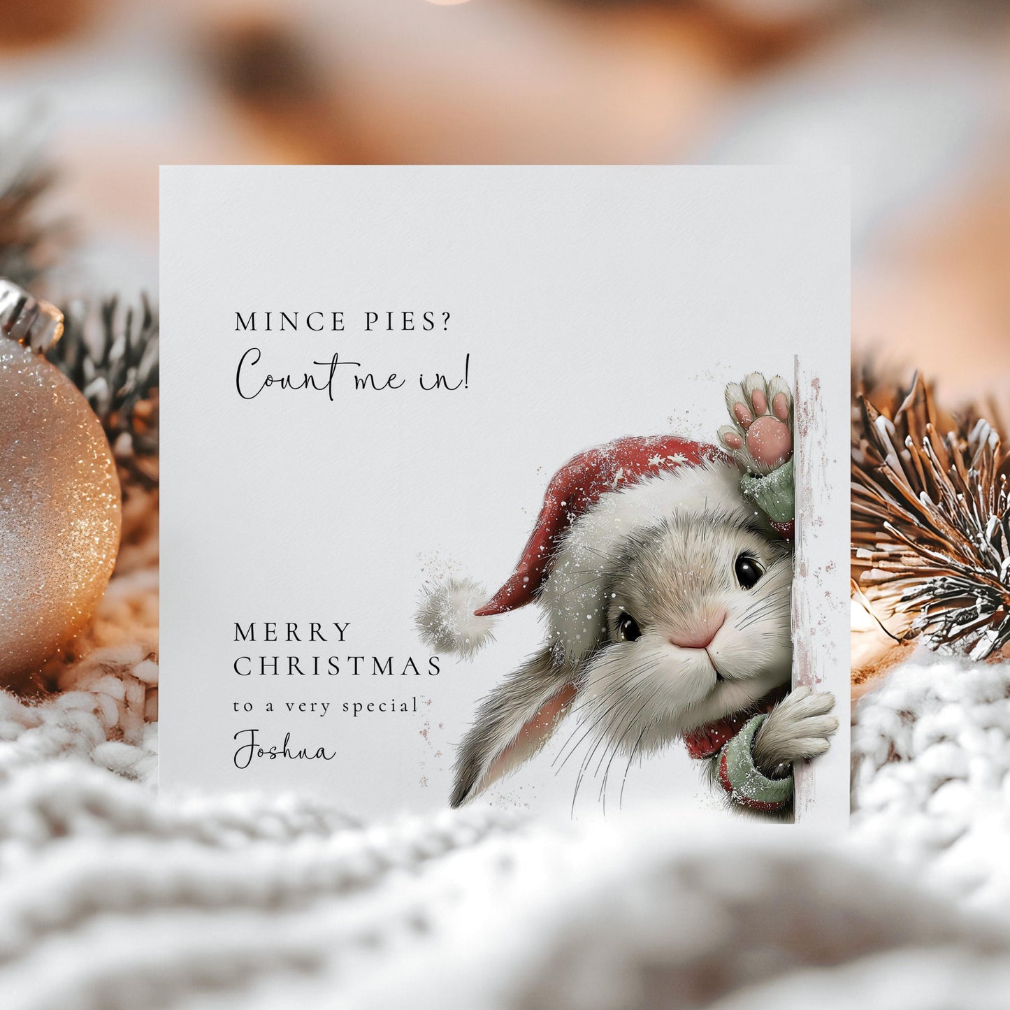 Funny Christmas Card – Personalised Mince Pie Lover Gift With Cute Bunny