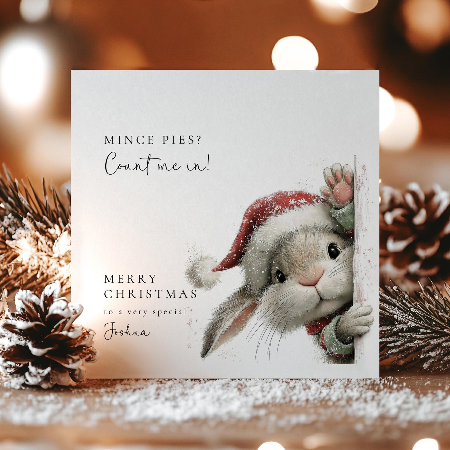 Funny Christmas Card – Personalised Mince Pie Lover Gift With Cute Bunny