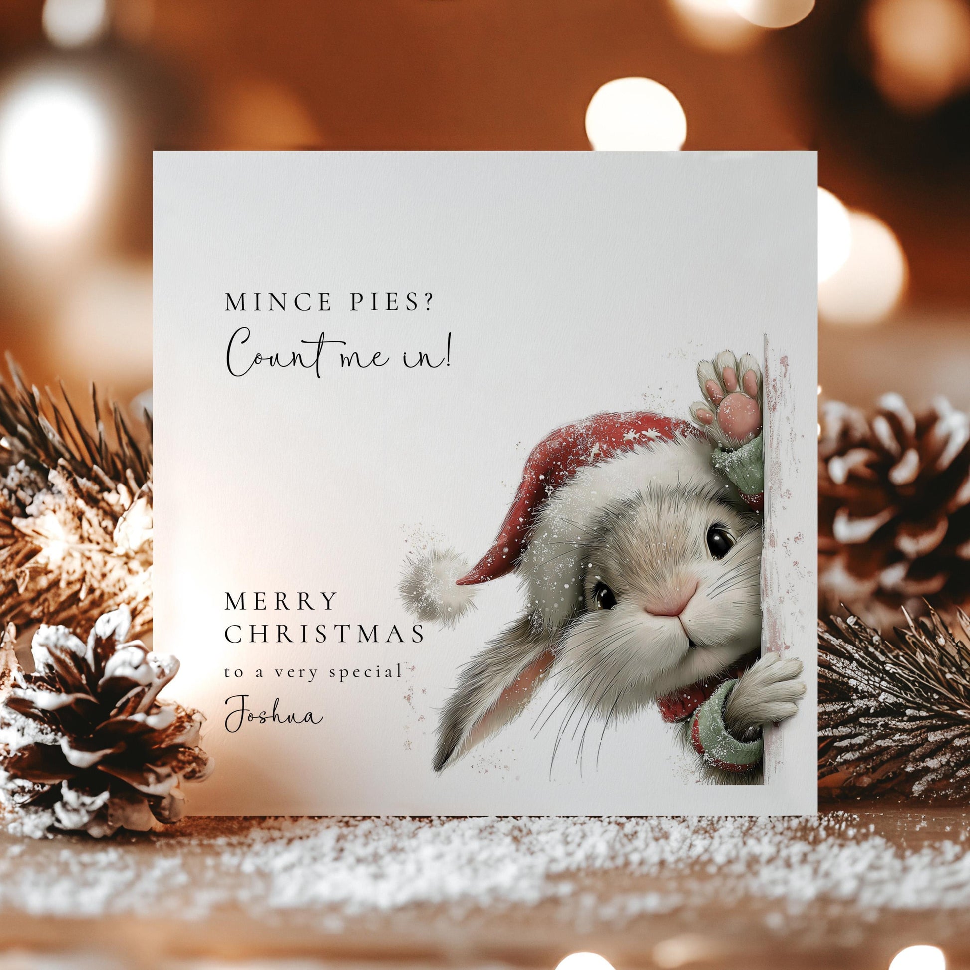 Funny Christmas Card – Personalised Mince Pie Lover Gift With Cute Bunny