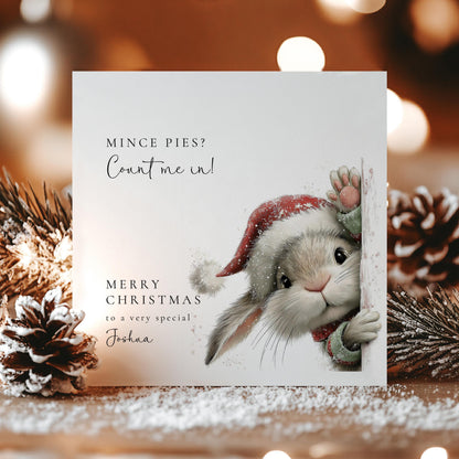 Funny Christmas Card – Personalised Mince Pie Lover Gift With Cute Bunny