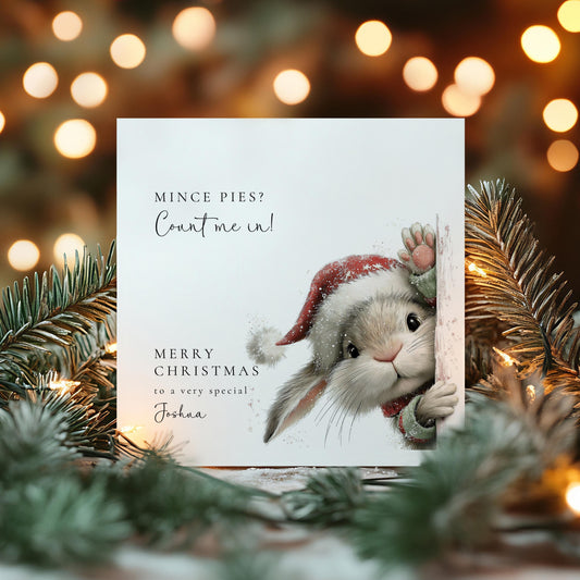Funny Christmas Card – Personalised Mince Pie Lover Gift With Cute Bunny