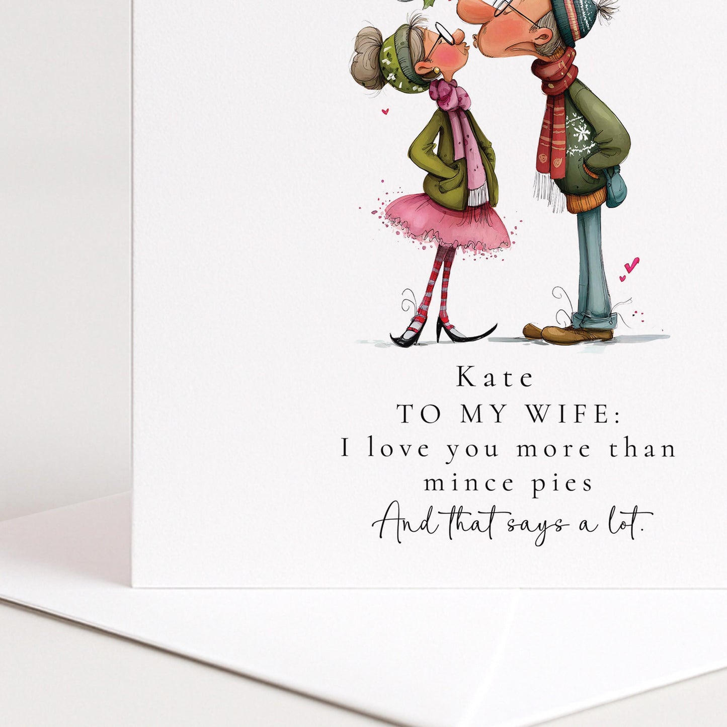 Funny Christmas Card - Personalised Wife Greeting With Mince Pie Joke & Matte Finish