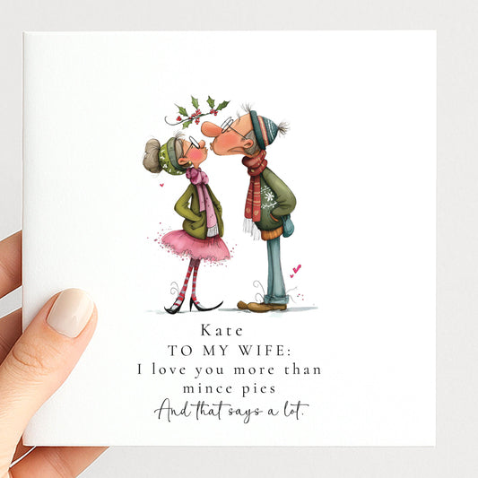 Funny Christmas Card - Personalised Wife Greeting With Mince Pie Joke & Matte Finish