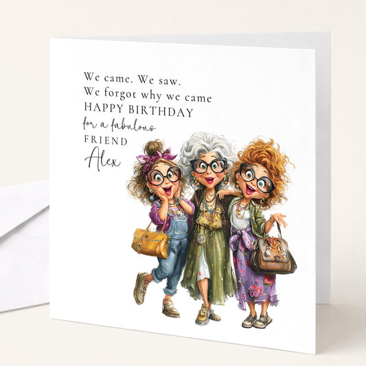 Funny menopause-themed birthday card for friends by Whimsi Lilley, featuring humorous design and cheerful illustration.