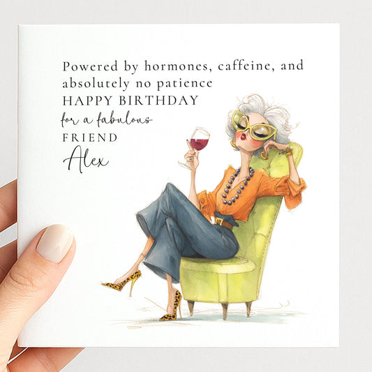 Funny menopause birthday card for friend by Whimsi Lilley featuring humorous design and cheerful message for celebrating menopause.