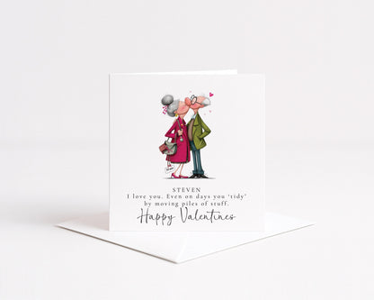 Funny Valentines Card – Personalised Tidy Piles Greeting For Husband Or Boyfriend