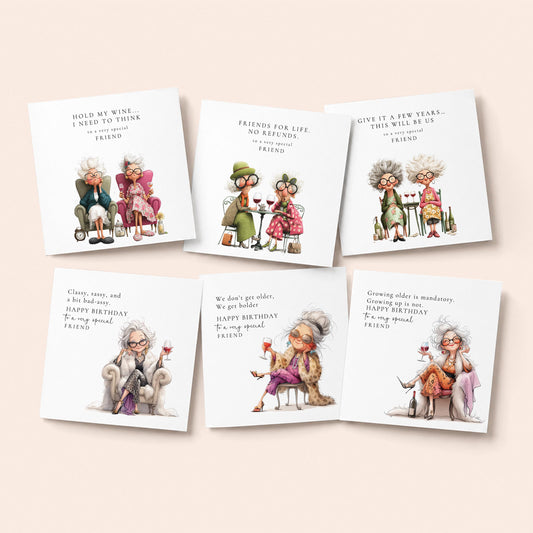 Pack of 6 funny birthday cards for best friend with witty friendship sentiments and illustrated older women, printed on 300gsm card