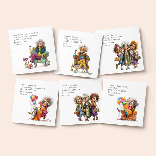 Pack of 6 funny birthday cards for friend with menopause humour illustrations and witty sentiments, printed on 300gsm card