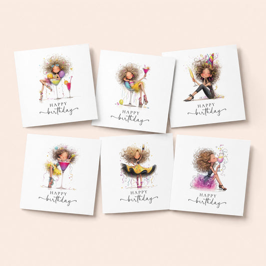 Pack of 6 funny birthday cards for her featuring illustrated cocktail girls, blank inside, printed on 300gsm card