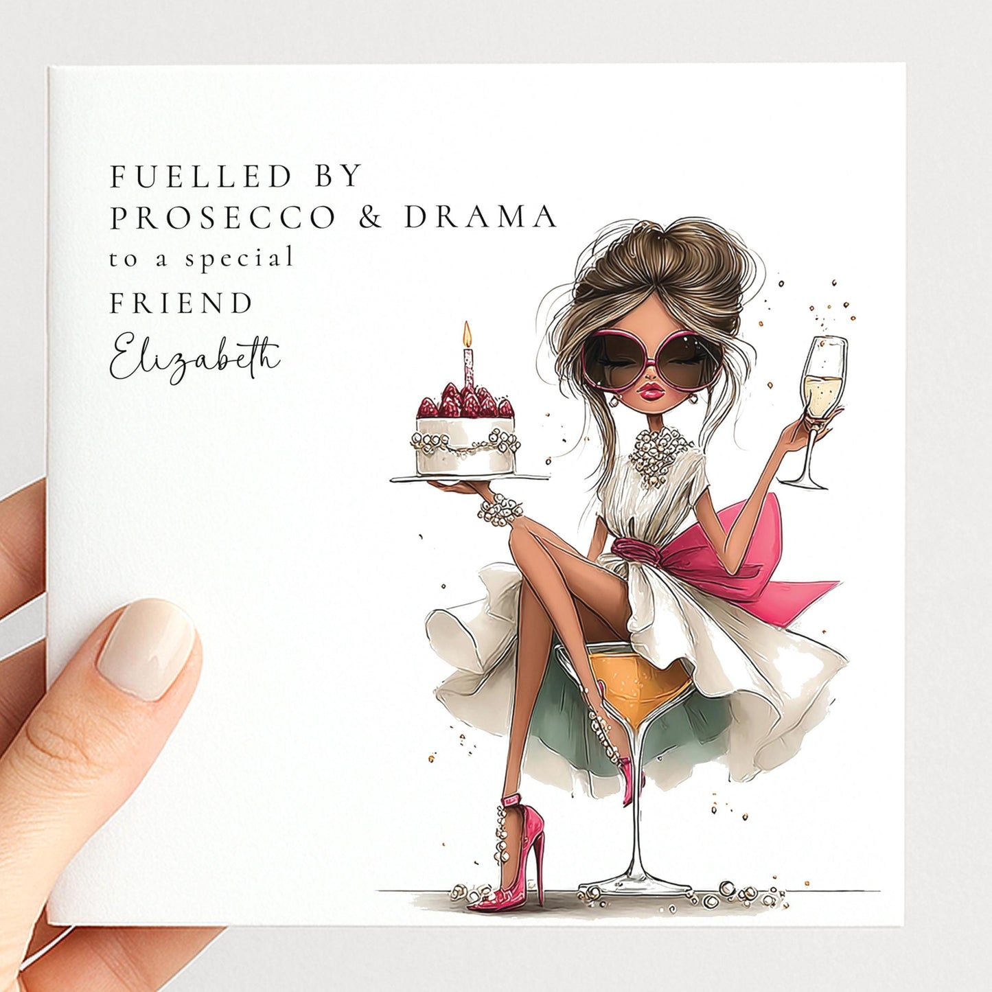 A funny personalised birthday card for a friend — fuelled by prosecco & drama and absolutely fabulous. Add her name! 300gsm matt card, UK delivery.
