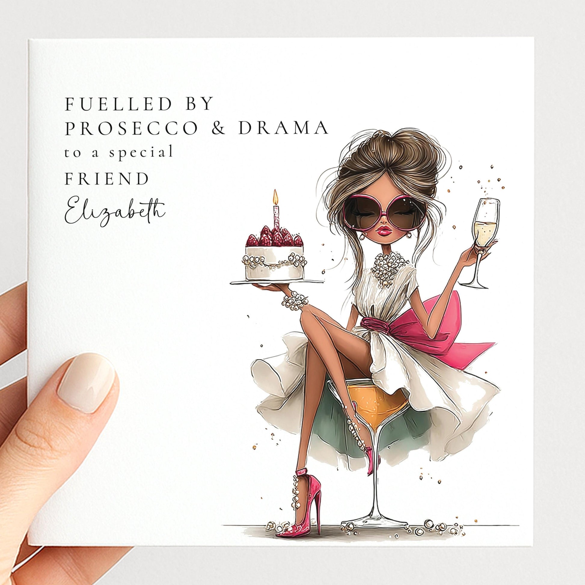 A funny personalised birthday card for a friend — fuelled by prosecco & drama and absolutely fabulous. Add her name! 300gsm matt card, UK delivery.
