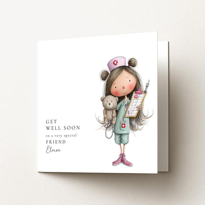 Get Well Soon Card – Personalised Friend Get Well Card With Cute Nurse Illustration