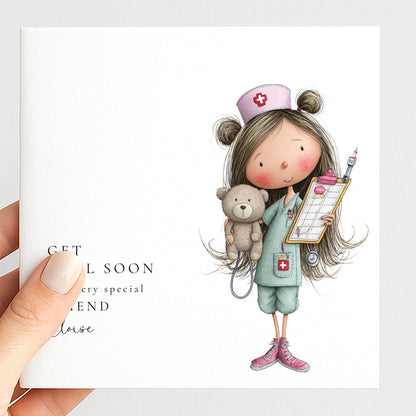 Get Well Soon Card – Personalised Friend Get Well Card With Cute Nurse Illustration