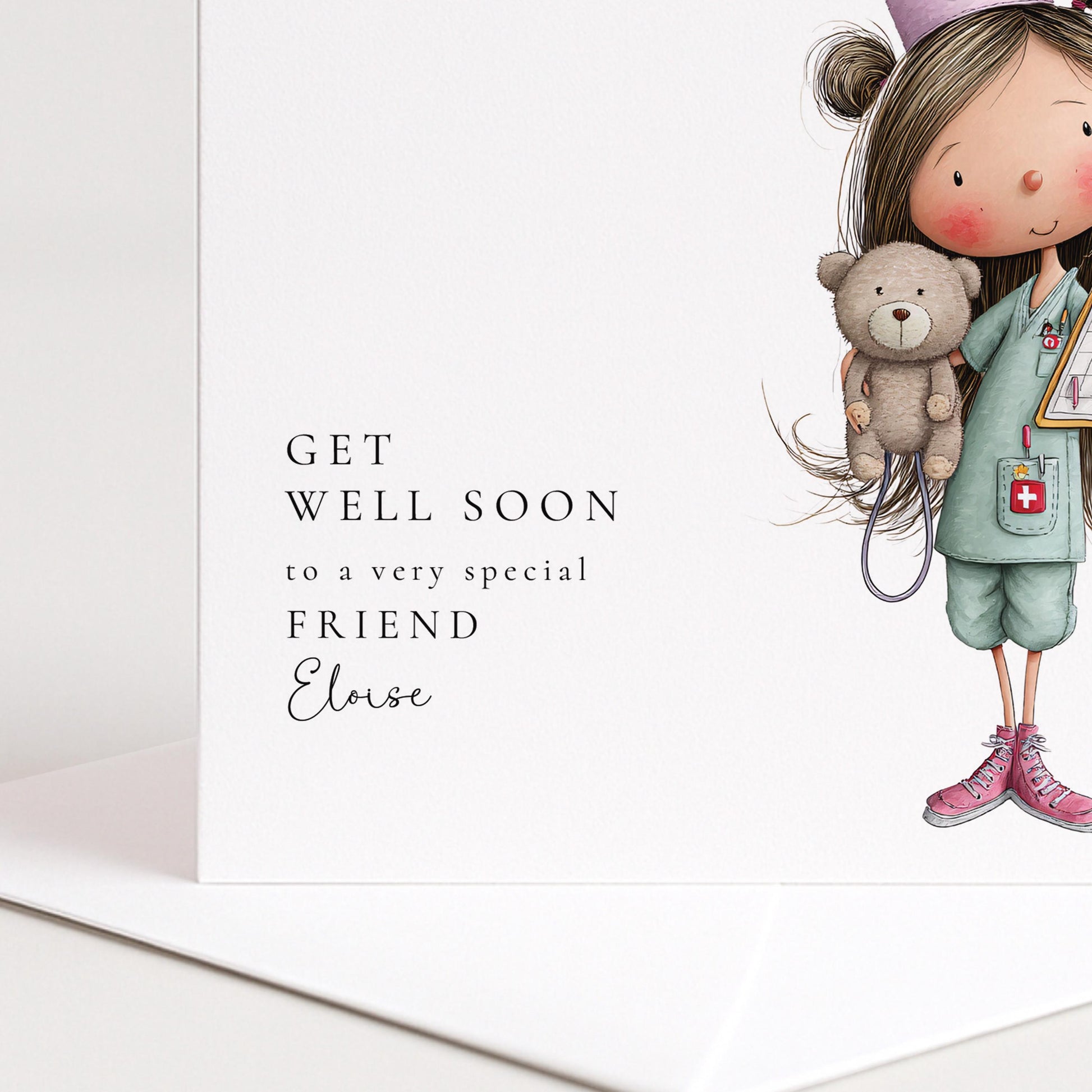 Get Well Soon Card – Personalised Friend Get Well Card With Cute Nurse Illustration