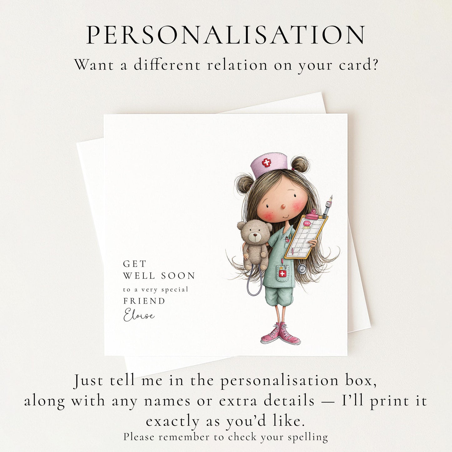 Get Well Soon Card – Personalised Friend Get Well Card With Cute Nurse Illustration