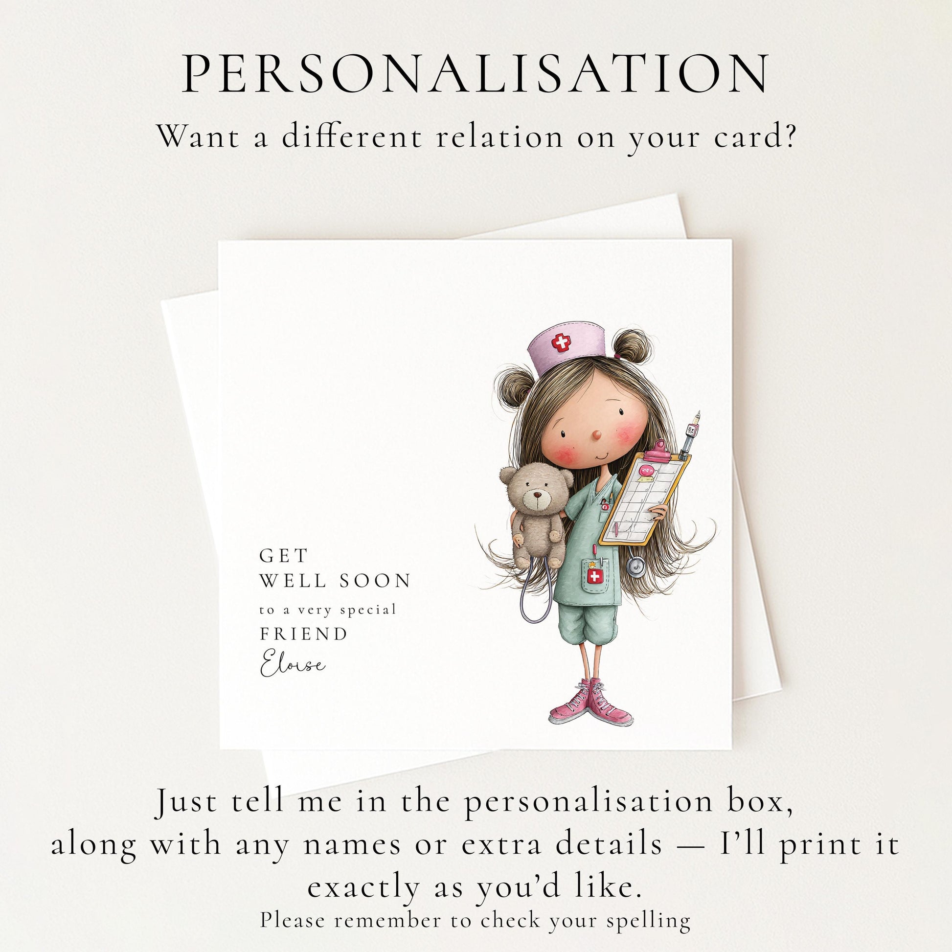 Get Well Soon Card – Personalised Friend Get Well Card With Cute Nurse Illustration