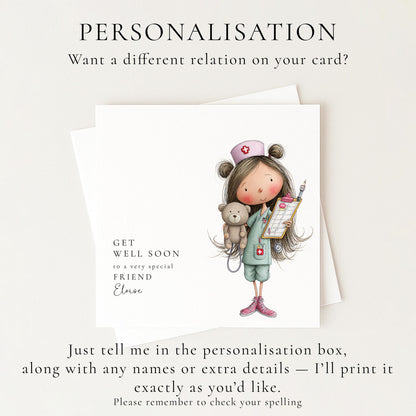 Get Well Soon Card – Personalised Friend Get Well Card With Cute Nurse Illustration