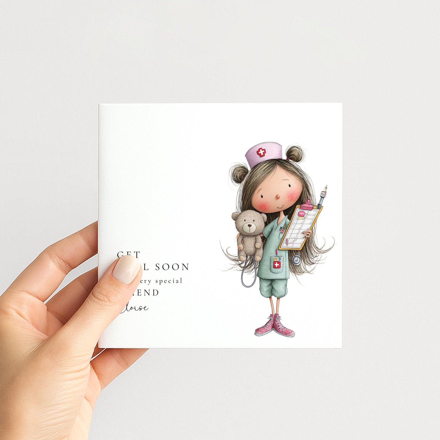 Get Well Soon Card – Personalised Friend Get Well Card With Cute Nurse Illustration