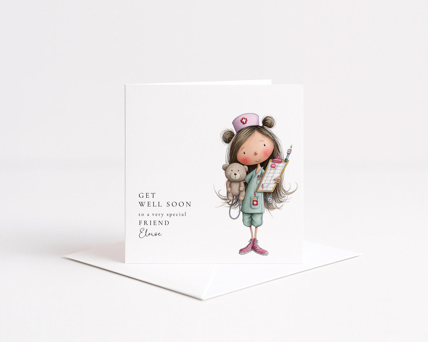 Get Well Soon Card – Personalised Friend Get Well Card With Cute Nurse Illustration