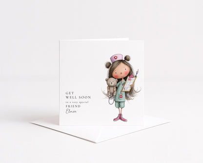 Get Well Soon Card – Personalised Friend Get Well Card With Cute Nurse Illustration