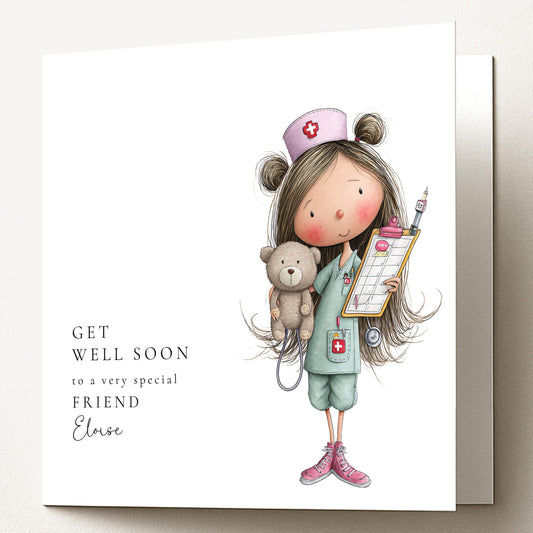 Get Well Soon Card – Personalised Friend Get Well Card With Cute Nurse Illustration