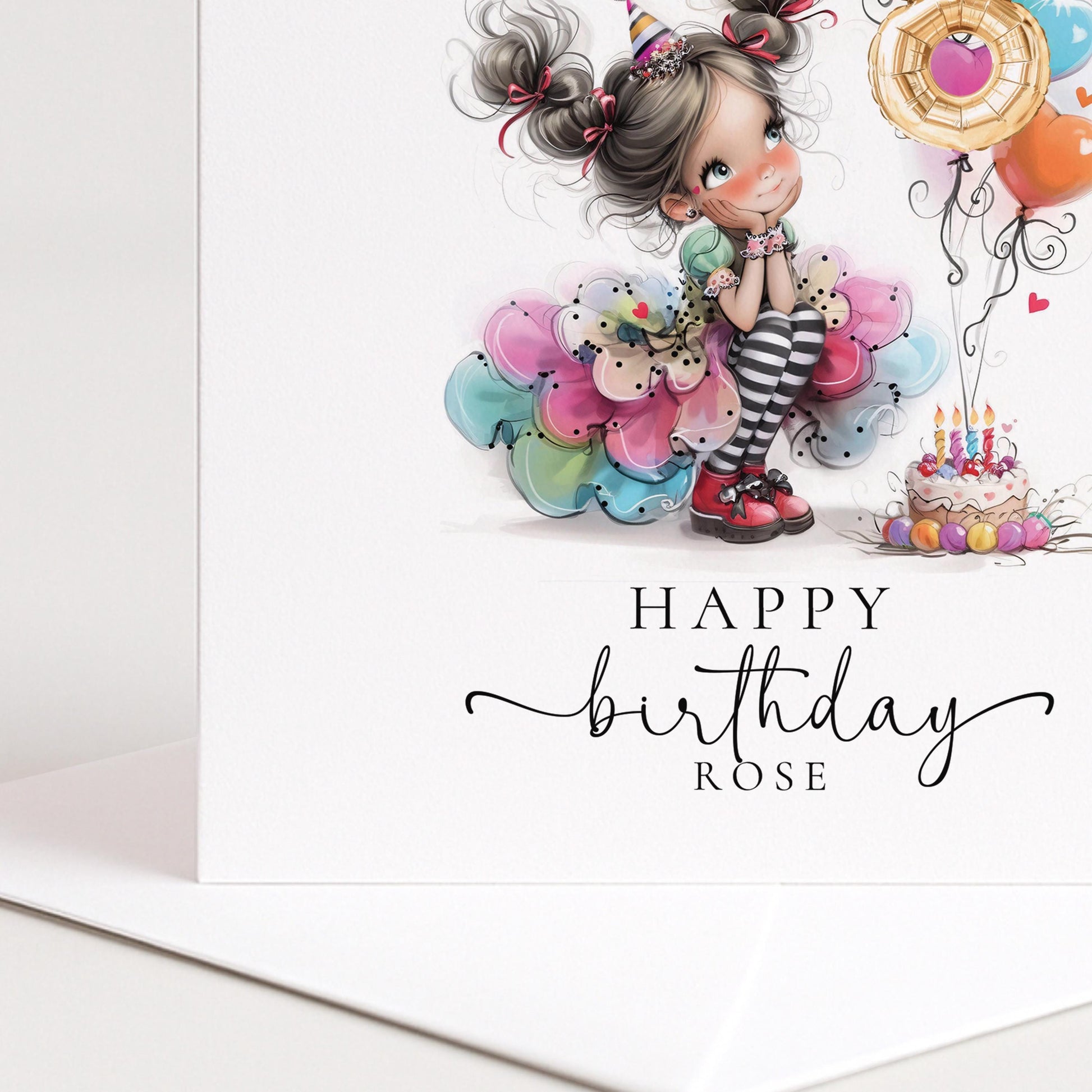 Girls 8th Birthday Card – Personalised Party Girl Keepsake With Number Balloon