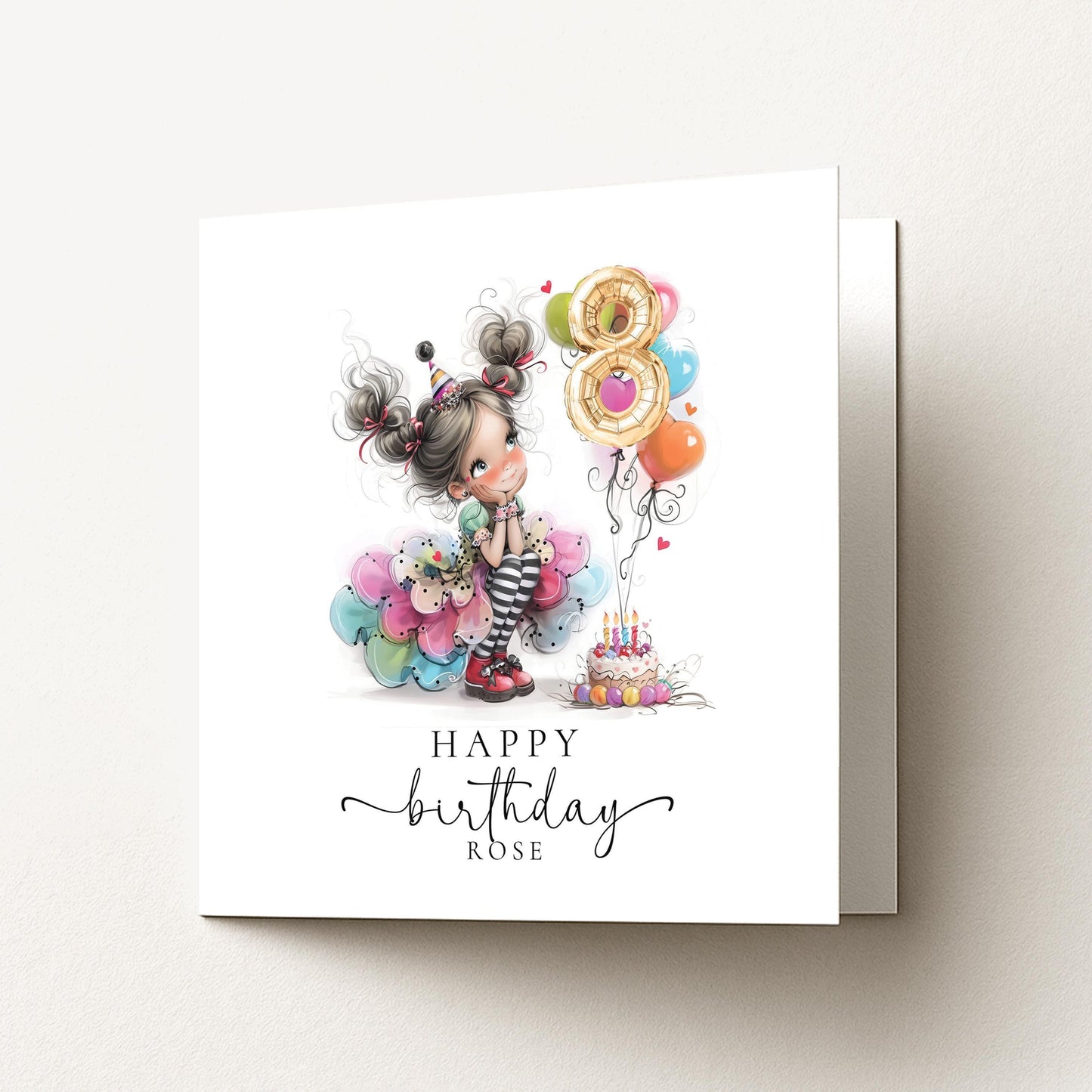 Girls 8th Birthday Card – Personalised Party Girl Keepsake With Number Balloon