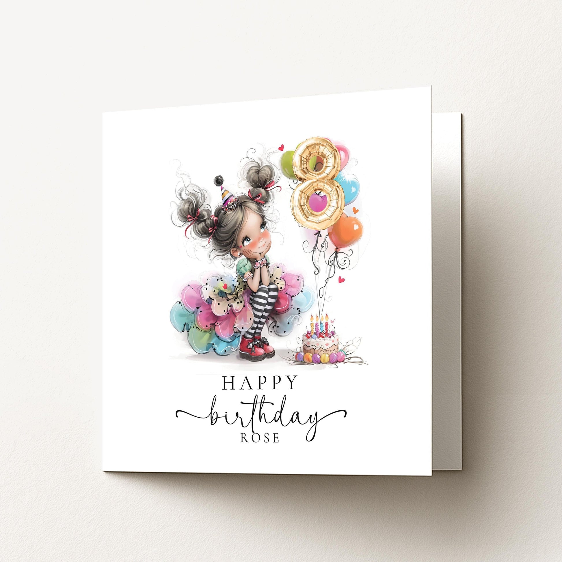 Girls 8th Birthday Card – Personalised Party Girl Keepsake With Number Balloon