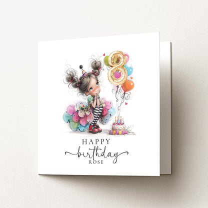 Girls 8th Birthday Card – Personalised Party Girl Keepsake With Number Balloon