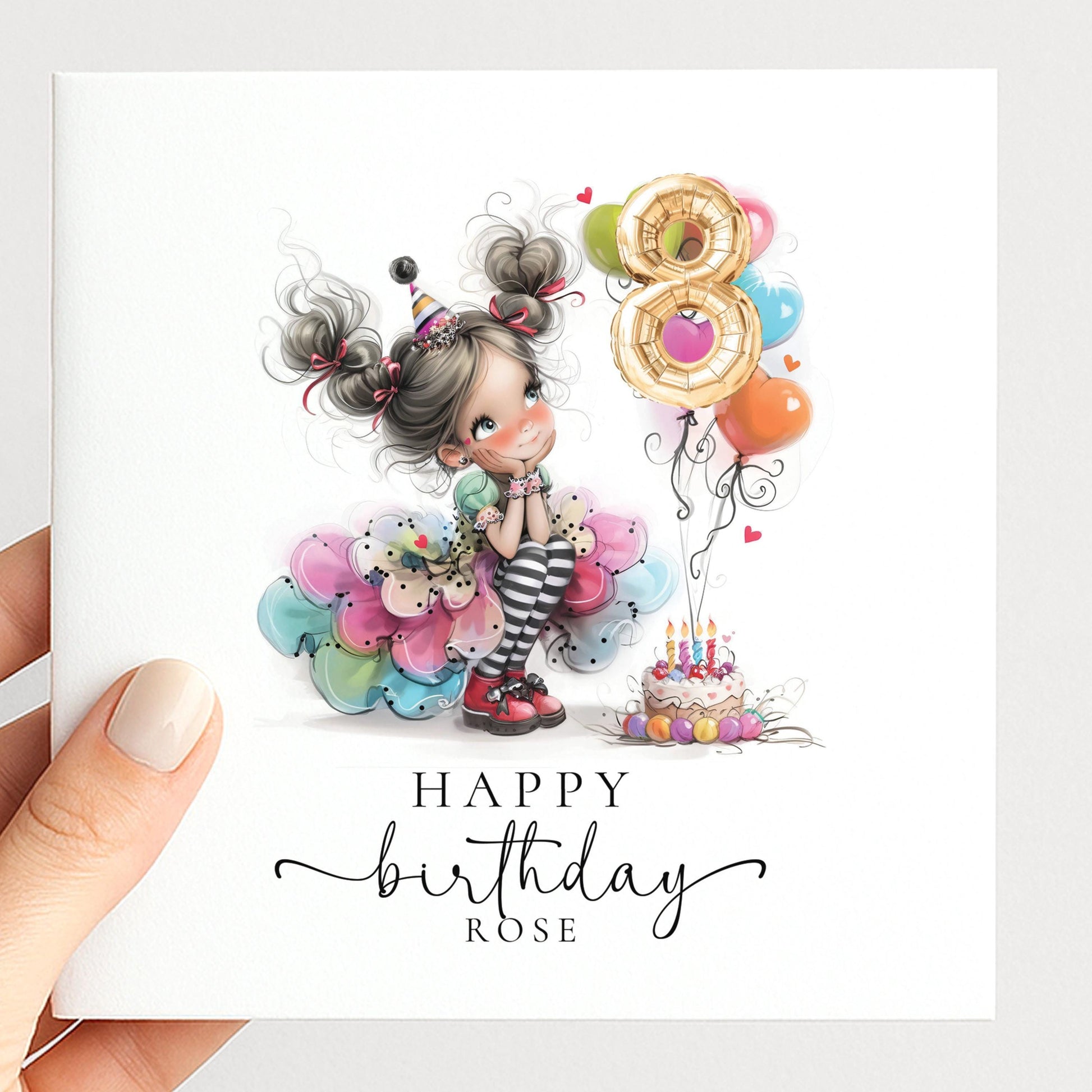 Girls 8th Birthday Card – Personalised Party Girl Keepsake With Number Balloon