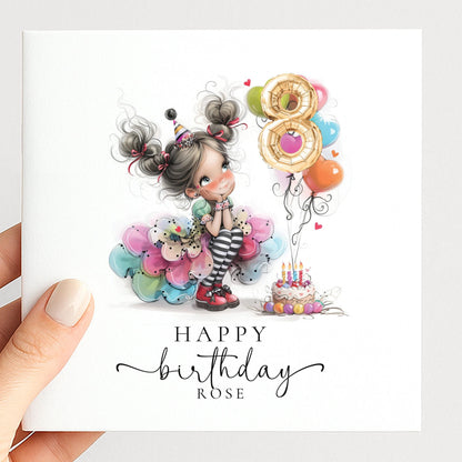 Girls 8th Birthday Card – Personalised Party Girl Keepsake With Number Balloon