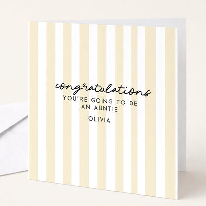 Going To Be Auntie Card - Personalised Pregnancy Reveal With Soft Sage Green Stripes
