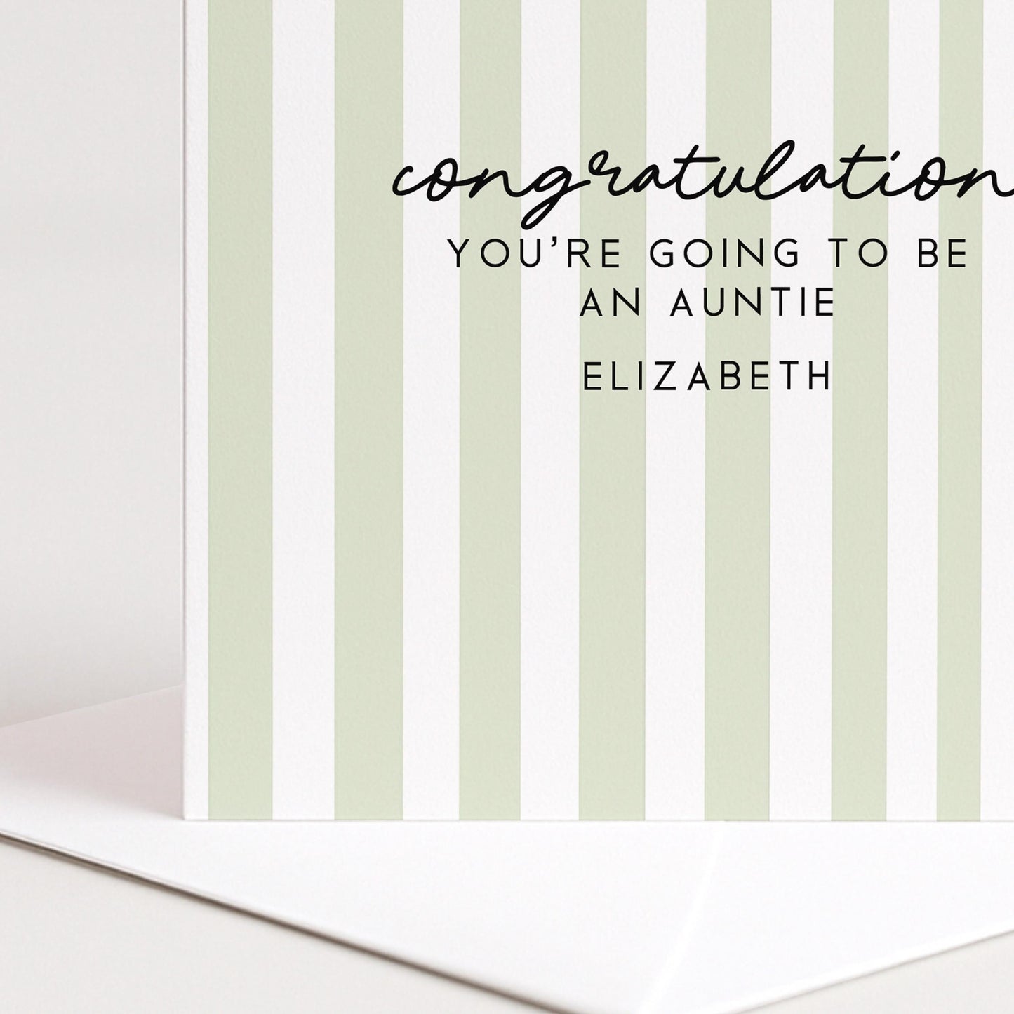 Going To Be Auntie Card - Personalised Pregnancy Reveal With Soft Sage Green Stripes