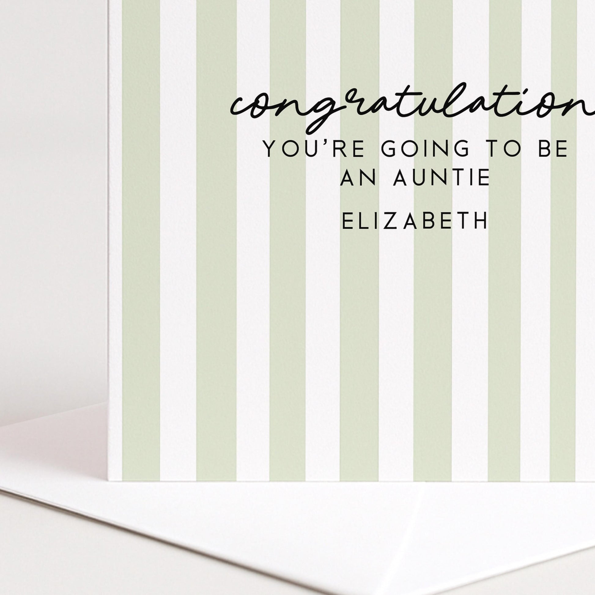 Going To Be Auntie Card - Personalised Pregnancy Reveal With Soft Sage Green Stripes