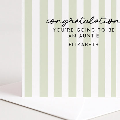 Going To Be Auntie Card - Personalised Pregnancy Reveal With Soft Sage Green Stripes