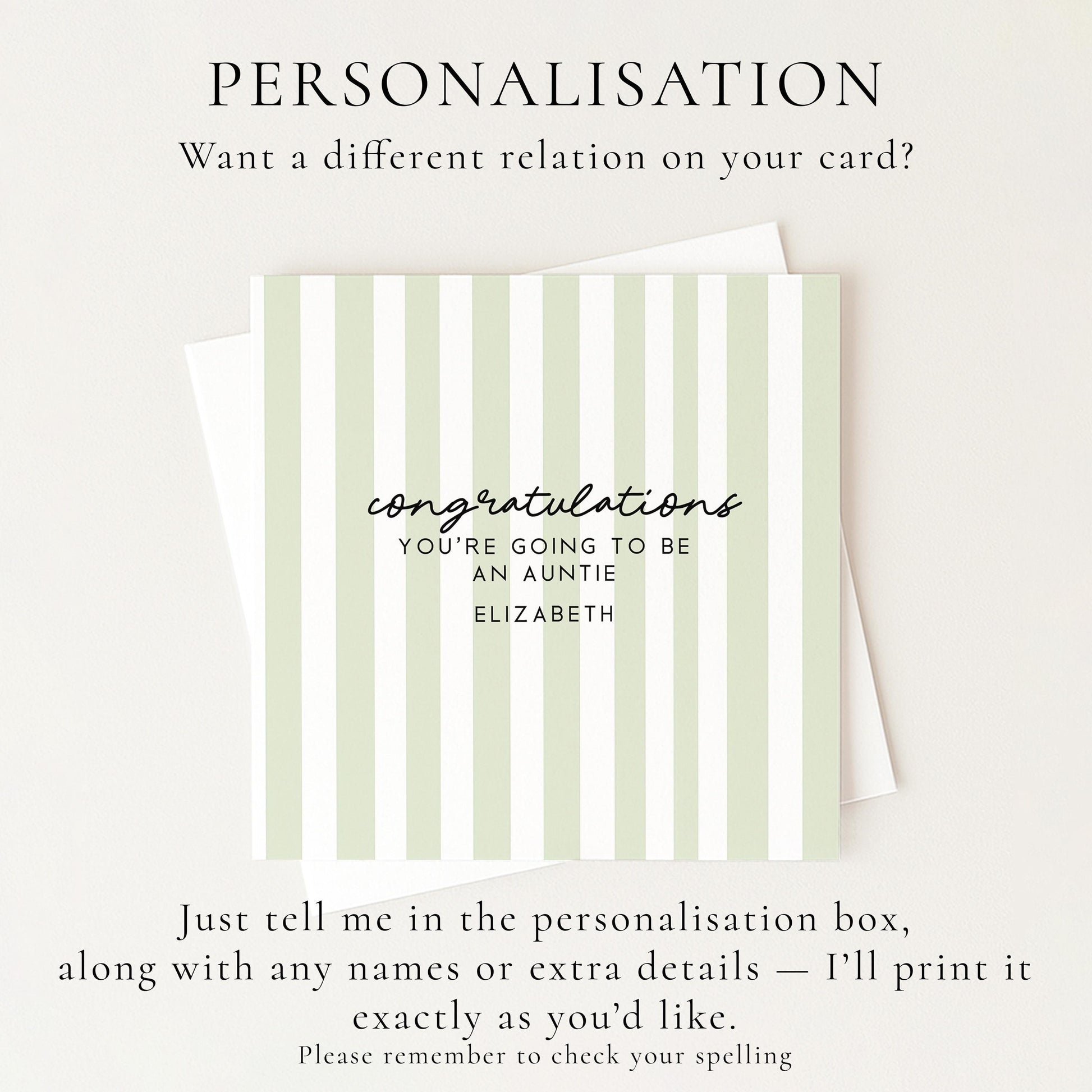 Going To Be Auntie Card - Personalised Pregnancy Reveal With Soft Sage Green Stripes
