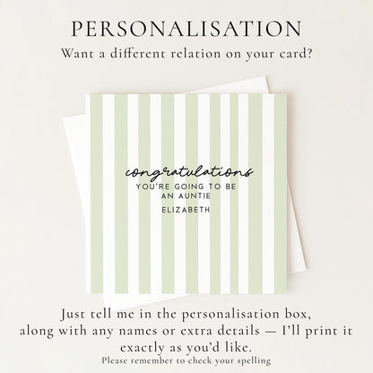 Going To Be Auntie Card - Personalised Pregnancy Reveal With Soft Sage Green Stripes
