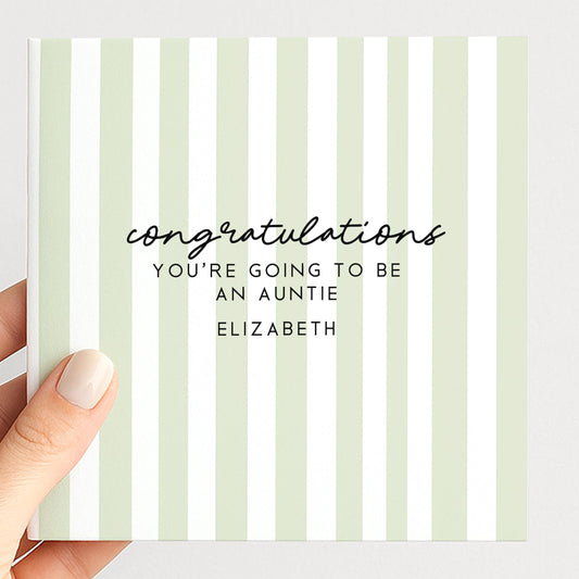 Going To Be Auntie Card - Personalised Pregnancy Reveal With Soft Sage Green Stripes