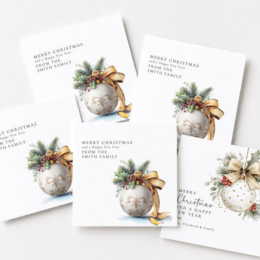 Personalised Family Christmas Card Multipack, Gold Bauble Design, Pack of 5 10 15 20 25 30 Cards, Custom Family Name