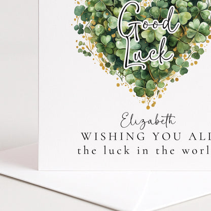Good Luck Card – Personalised Clover Heart Greeting With Best Wishes