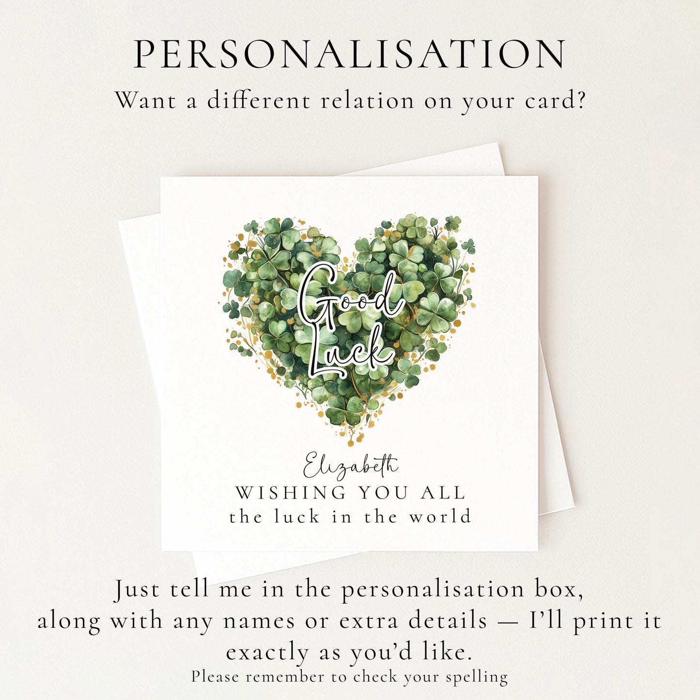Good Luck Card – Personalised Clover Heart Greeting With Best Wishes