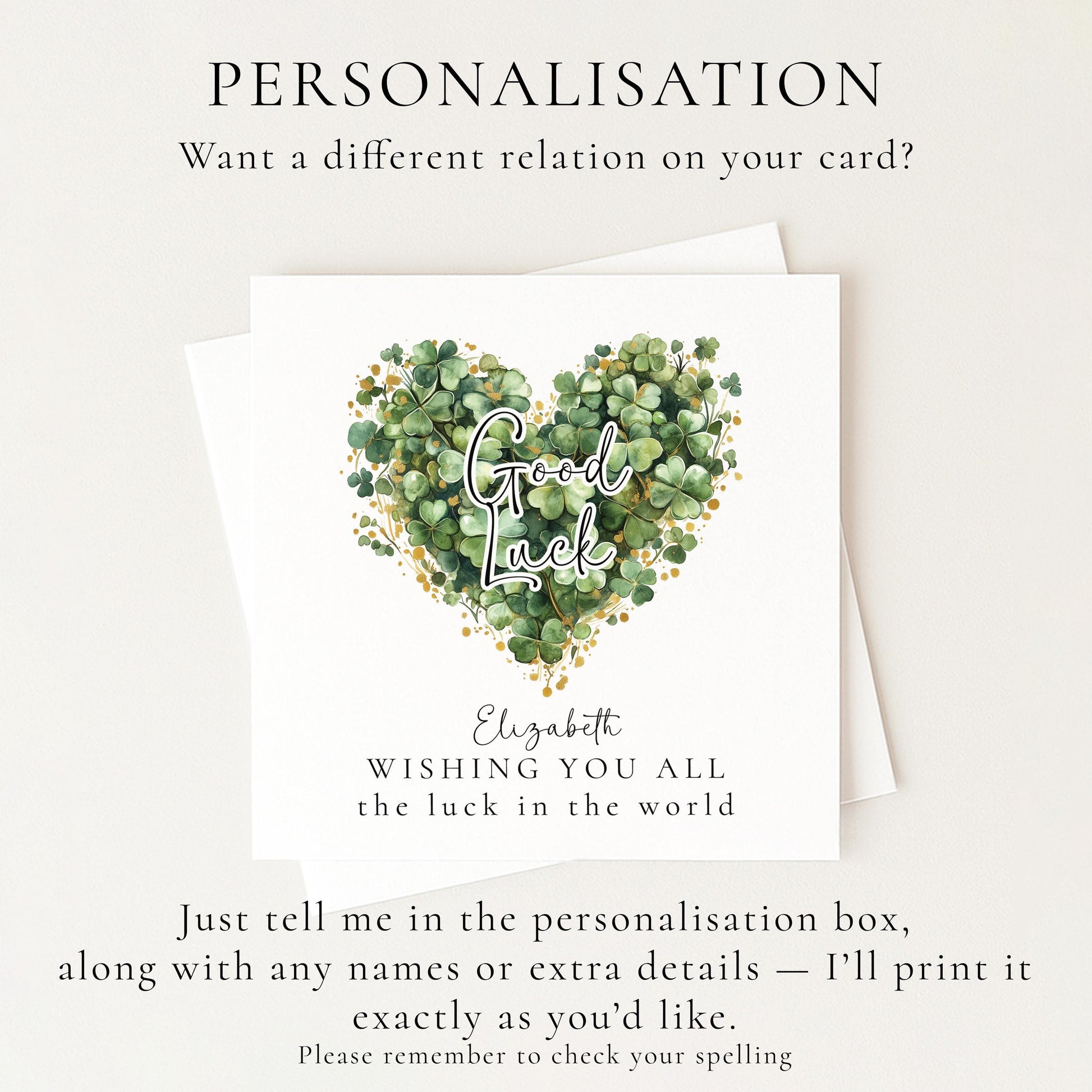 Good Luck Card – Personalised Clover Heart Greeting With Best Wishes
