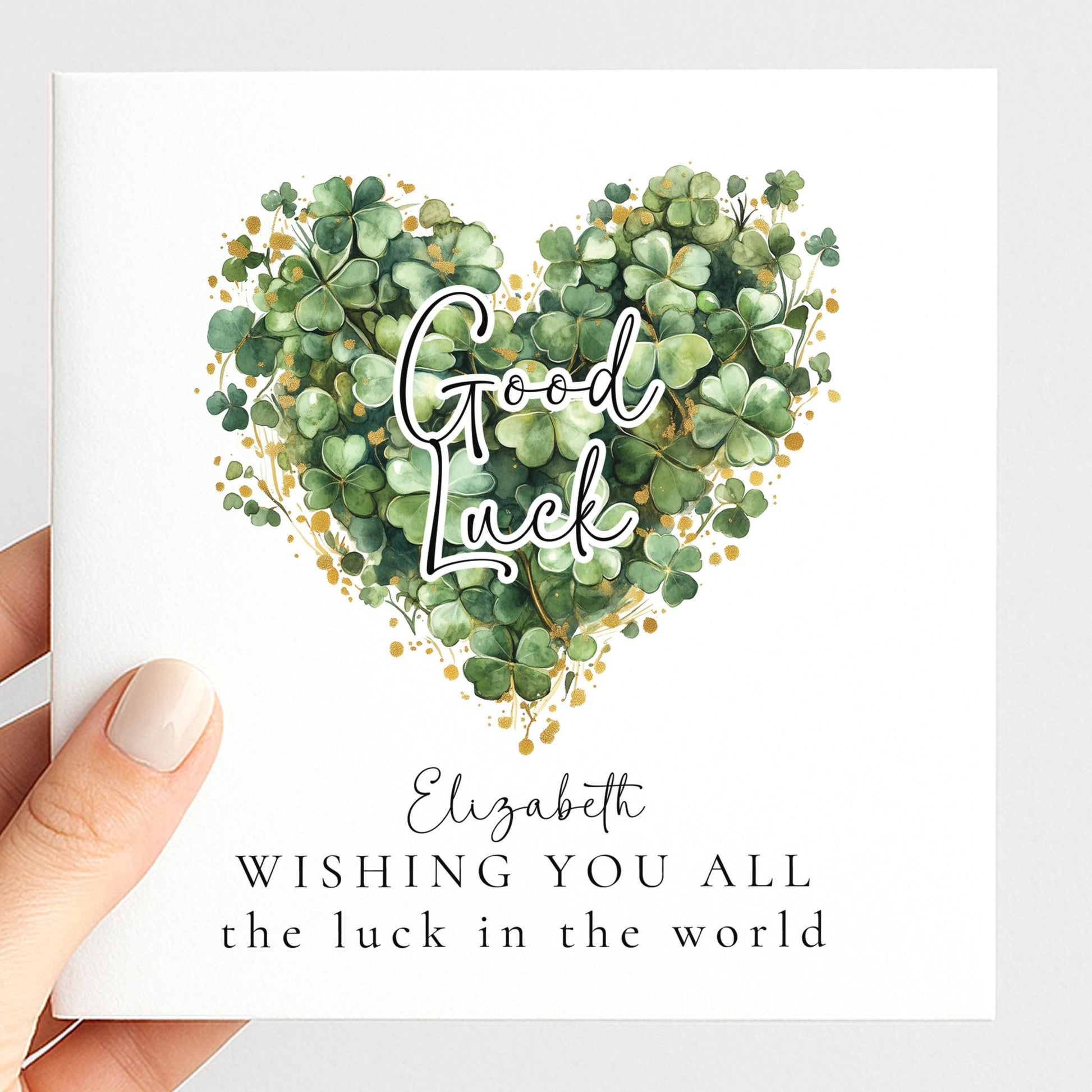 Good Luck Card – Personalised Clover Heart Greeting With Best Wishes