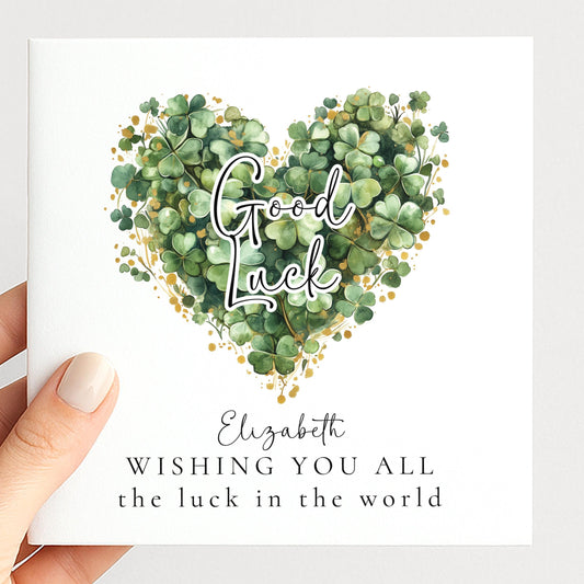 Good Luck Card – Personalised Clover Heart Greeting With Best Wishes