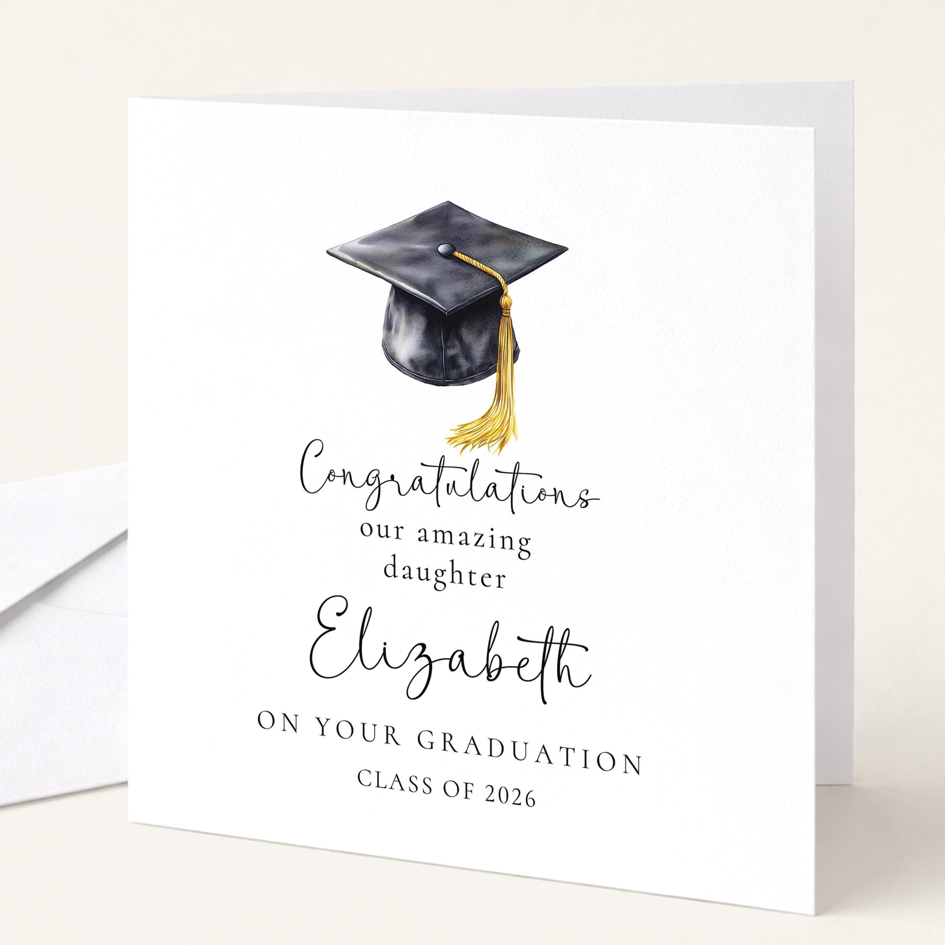 Graduation Card Daughter - Personalised Name, Elegant Cap Design, Premium 300gsm Matte