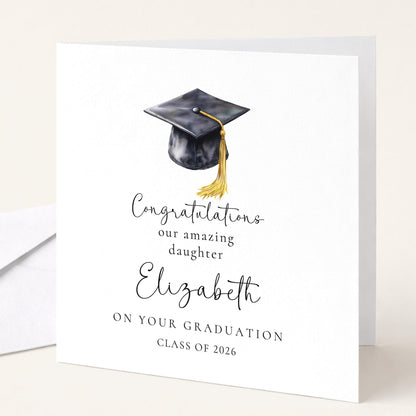 Graduation Card Daughter - Personalised Name, Elegant Cap Design, Premium 300gsm Matte