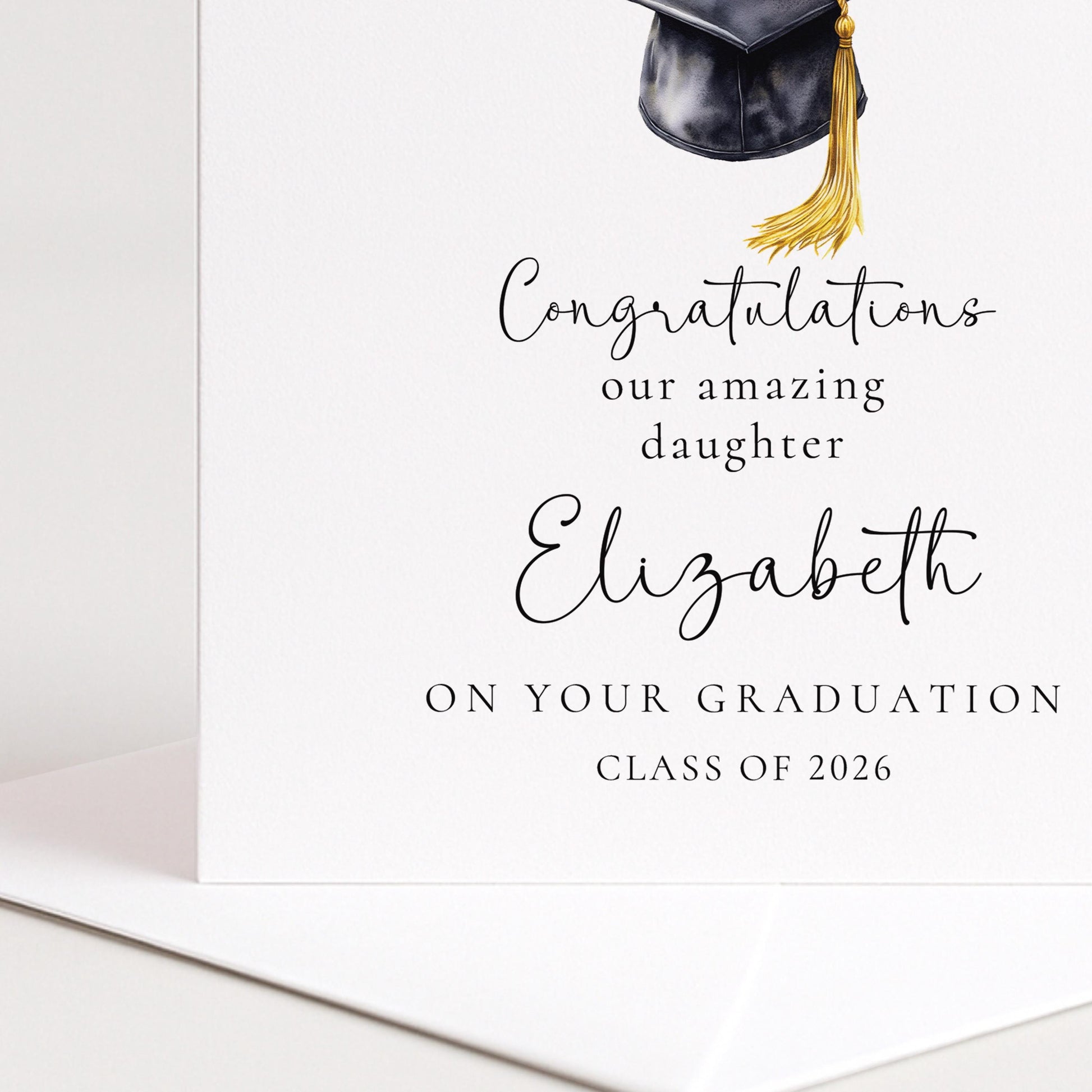 Graduation Card Daughter - Personalised Name, Elegant Cap Design, Premium 300gsm Matte